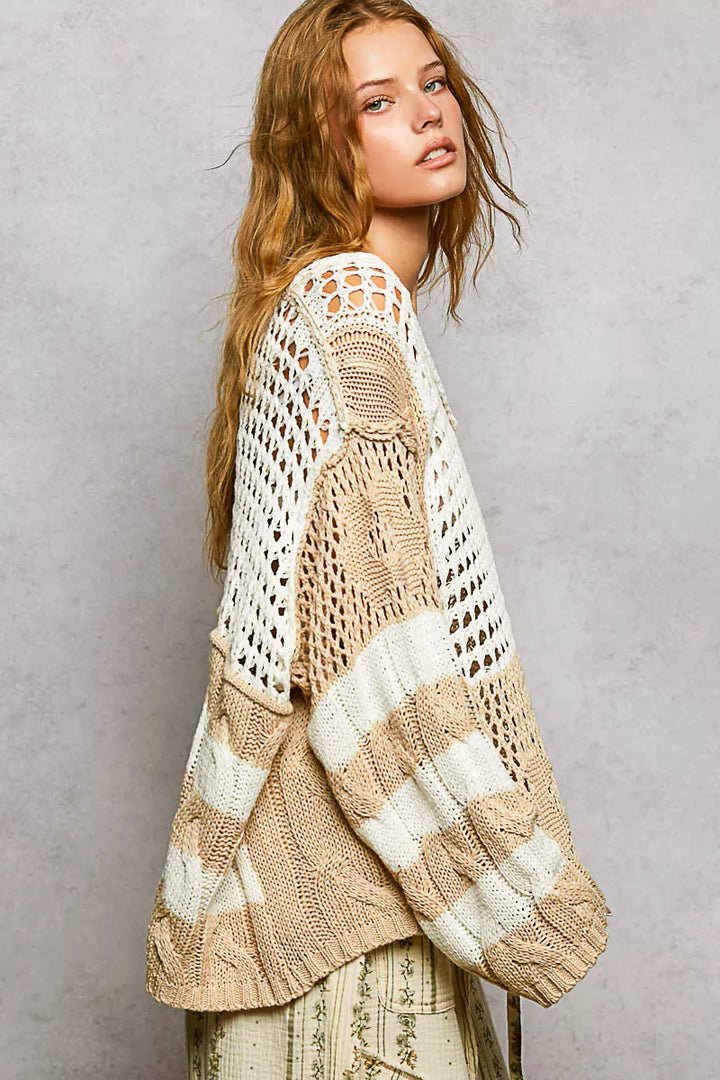 Openwork color-block stripe V-neck knit sweater