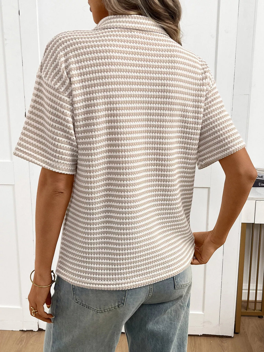 Striped waffle-knit collared short sleeve top
