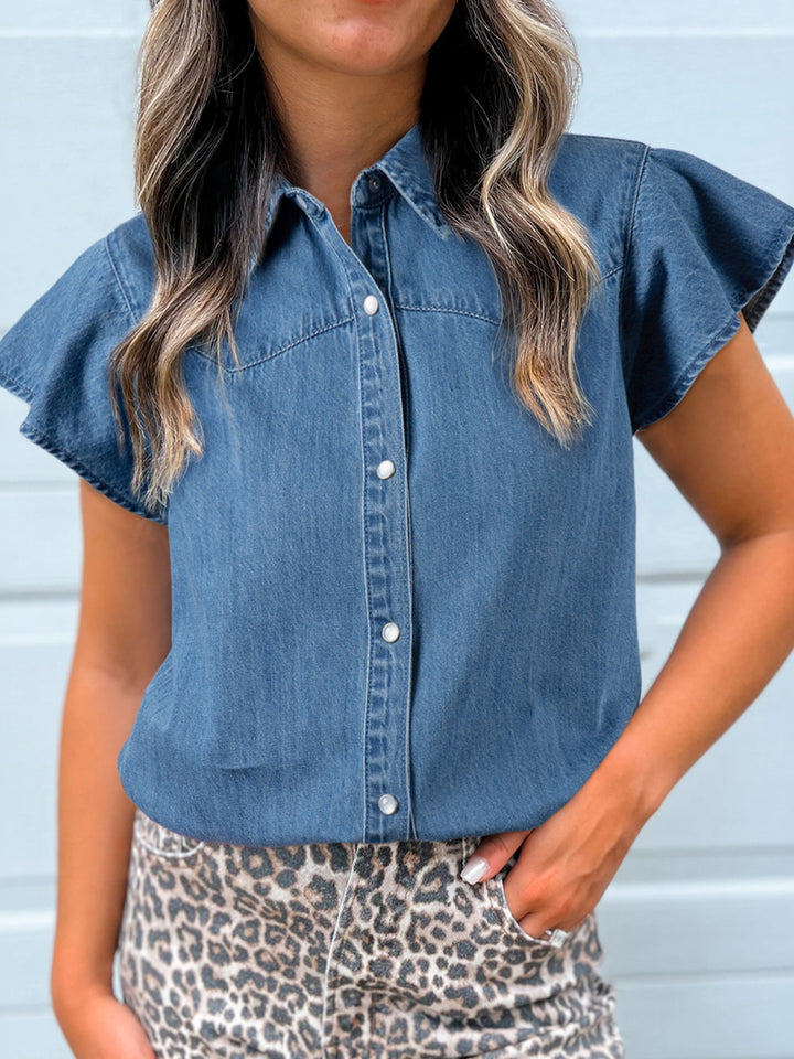 Dusty Blue Ruffle sleeve denim button-down shirt with pearl snaps