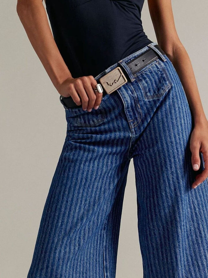 Wide-leg cropped jeans with deep cuffed hem and center seam