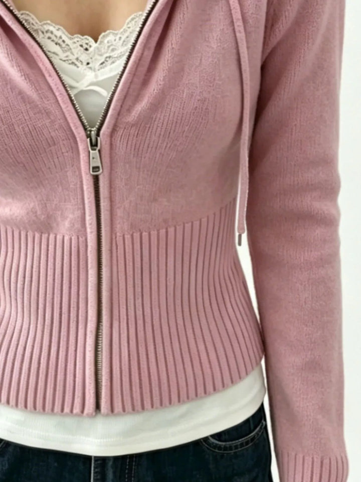 Ribbed knit zip-up cropped hooded cardigan