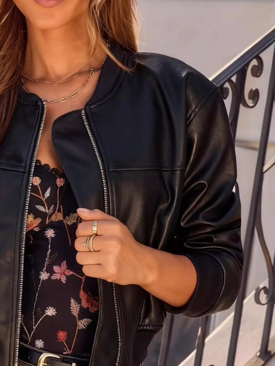 Cropped faux leather zip-up bomber jacket