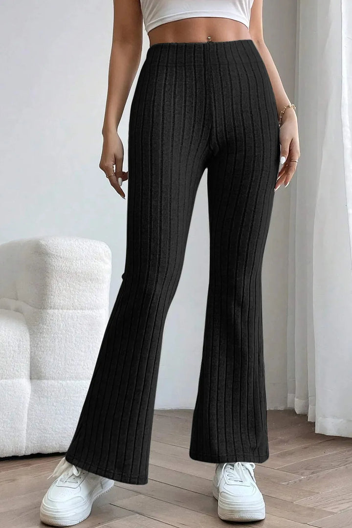 Black Ribbed knit high-waist flare pants with pull-on waist