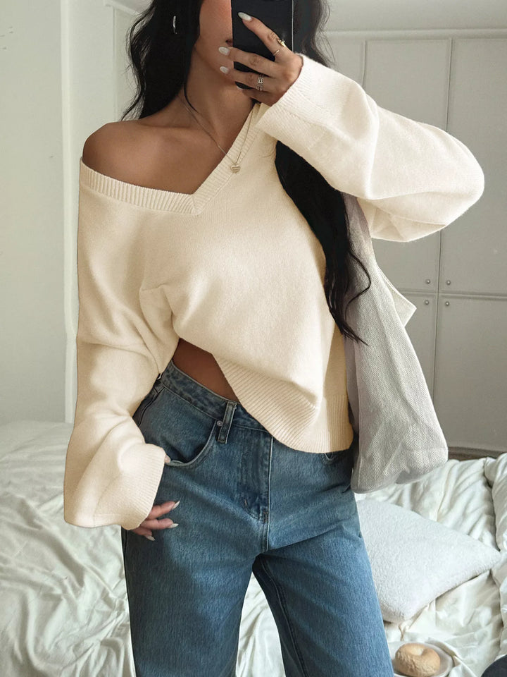 V-neck loose knit sweater with ribbed trim