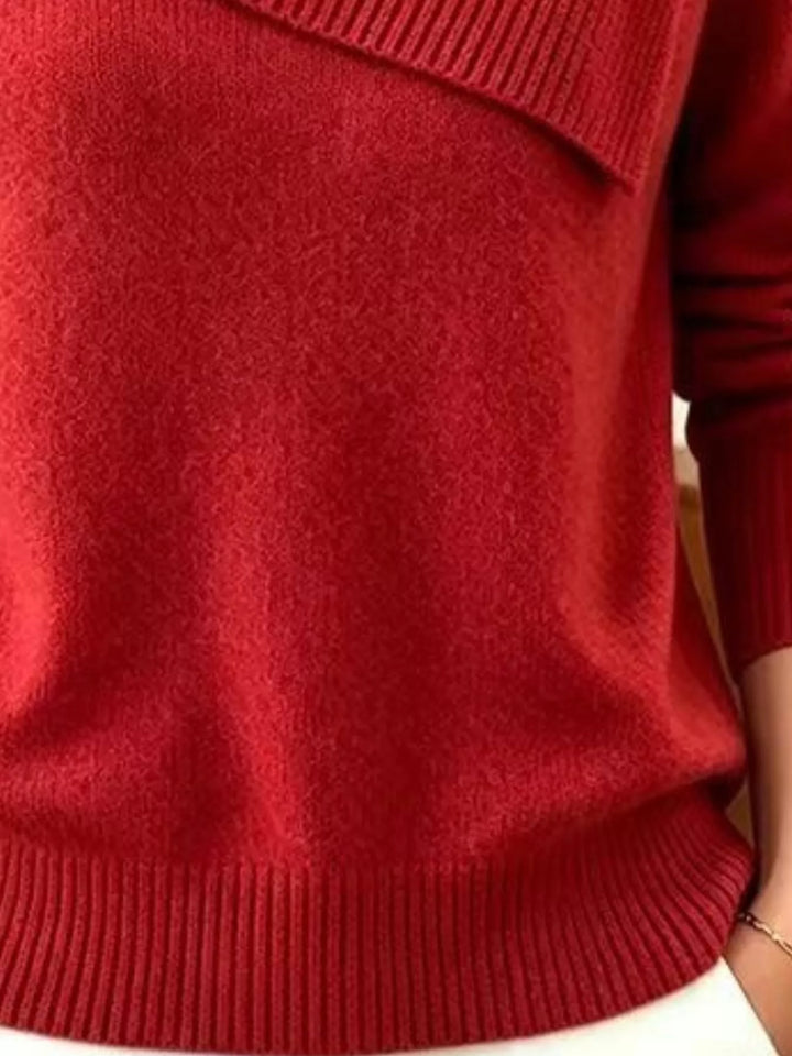 Asymmetric foldover ribbed collar knit pullover sweater