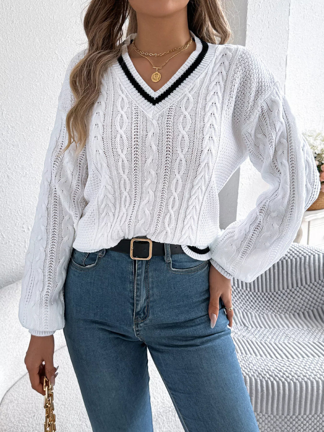 Mixed cable knit drop shoulder V-neck pullover sweater