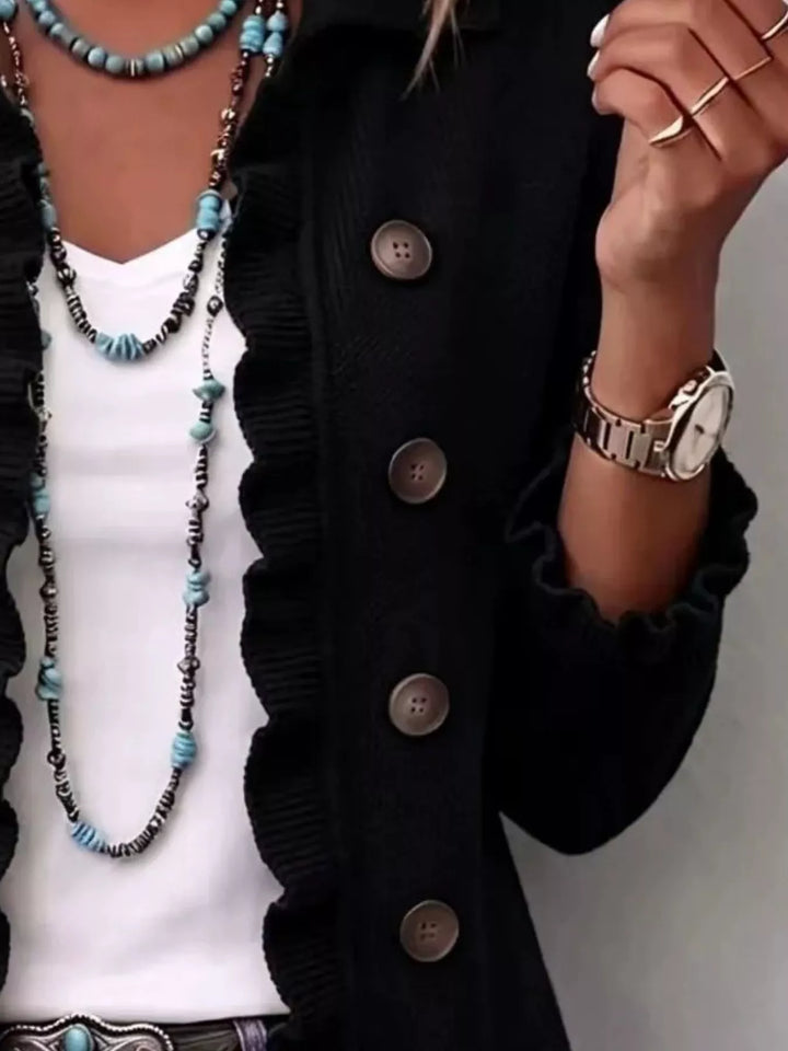 Ruffle trim knit cardigan with collar and decorative buttons