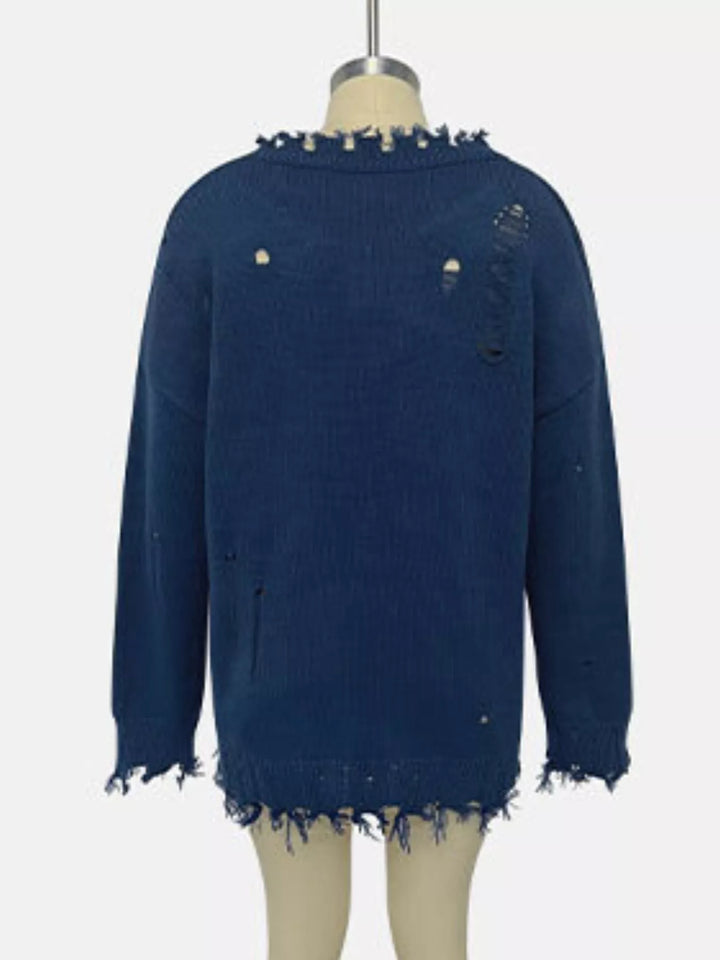 Distressed American flag knit sweater with raw frayed hem