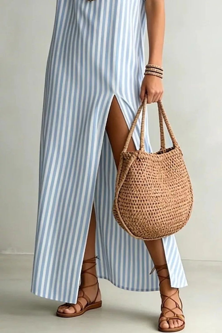 Striped collared maxi dress with high front slit
