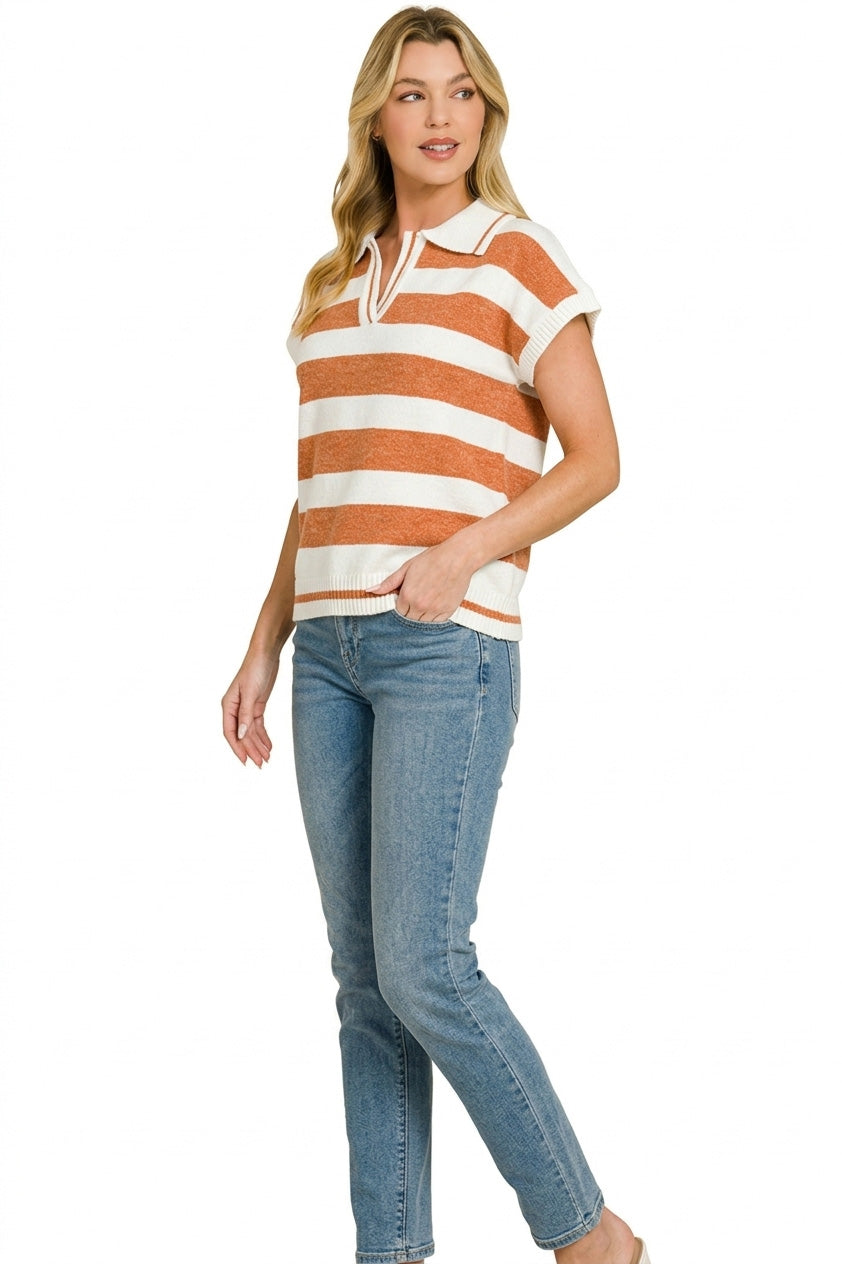 Striped short sleeve collared knit sweater