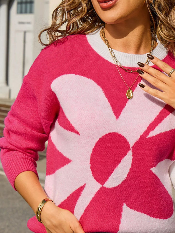 Color block floral crew neck knit sweater