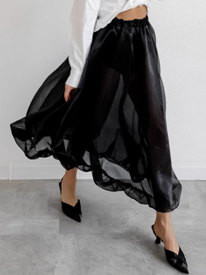 Semi-sheer flowy midi skirt with gathered elastic waist