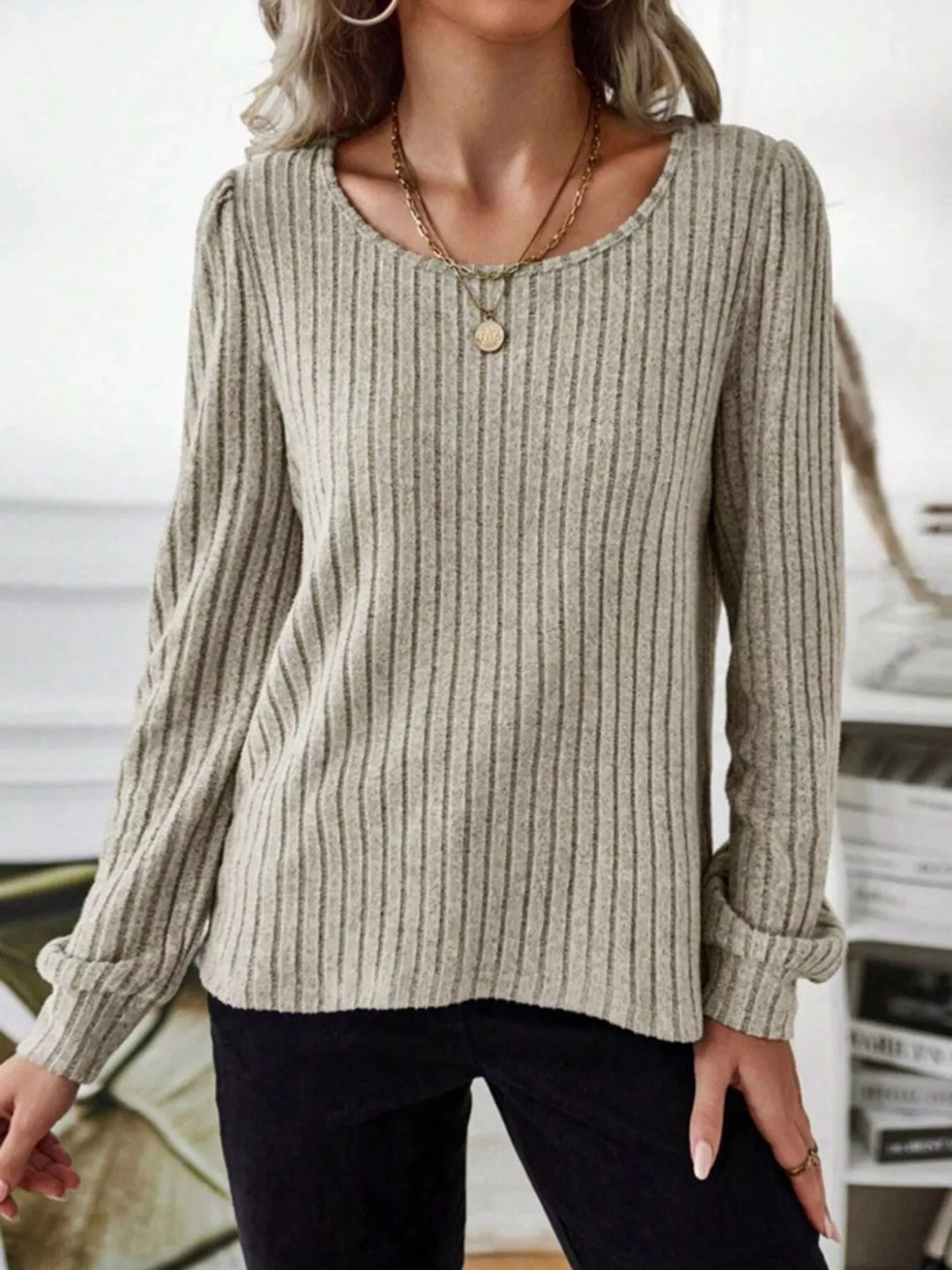 Ribbed knit scoop neck long sleeve top