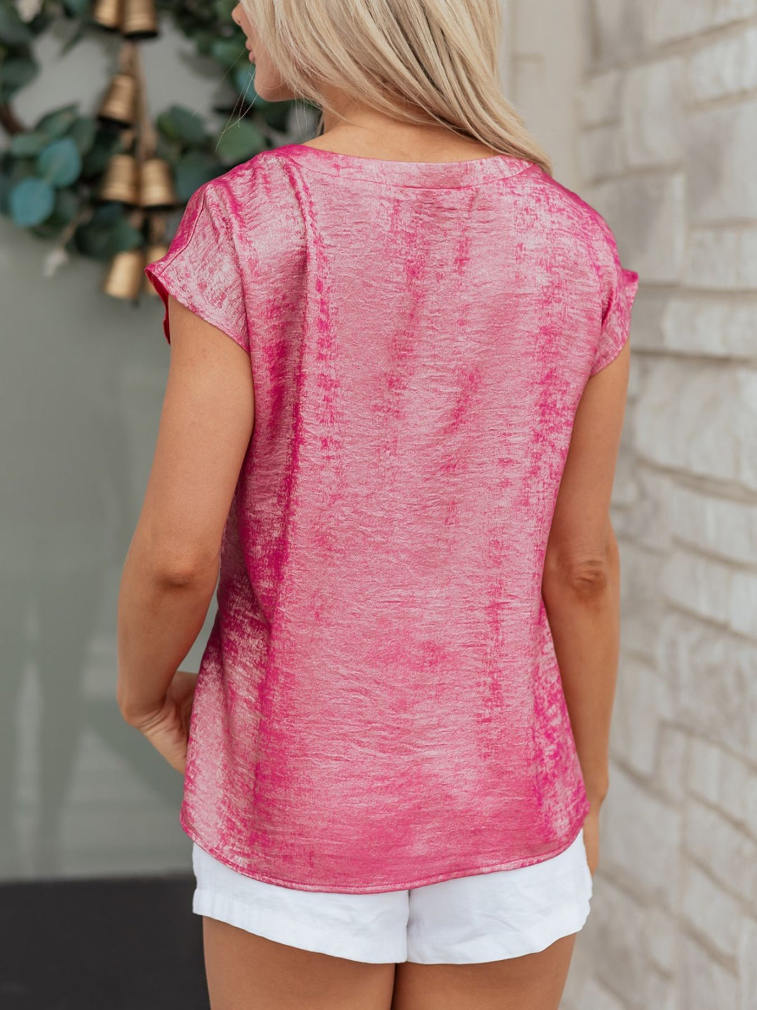 Metallic shimmer round-neck cap sleeve tee