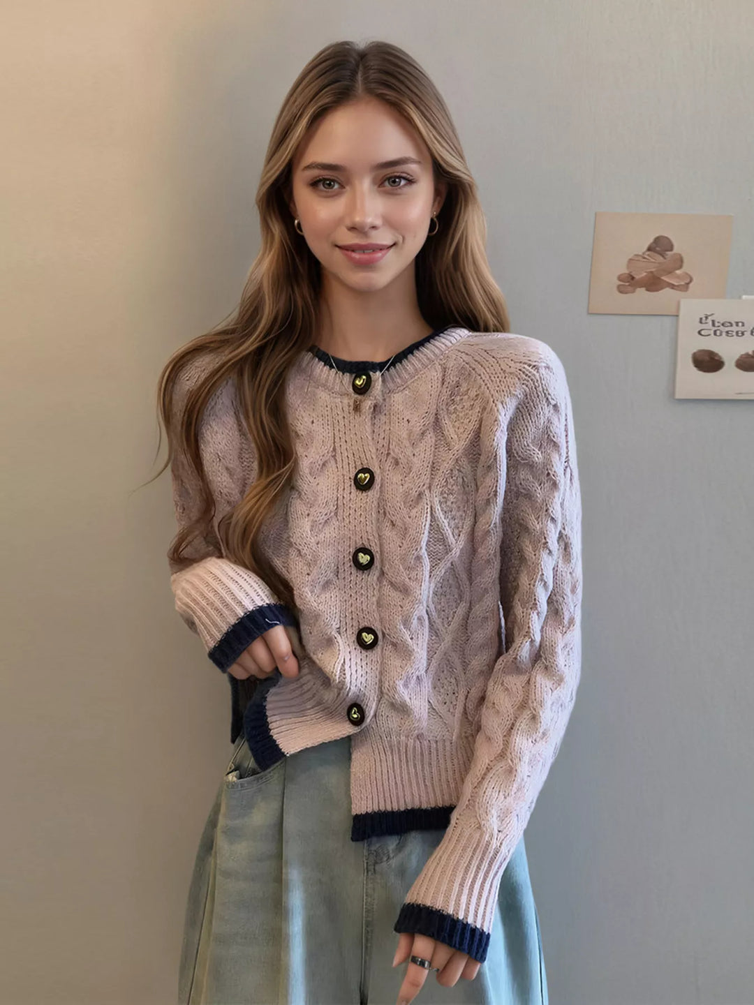Cable knit button-up cardigan with contrast trim