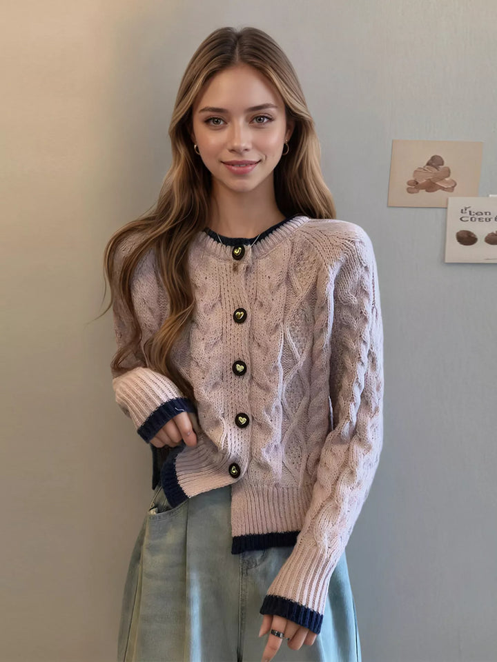 Cable knit button-up cardigan with contrast trim