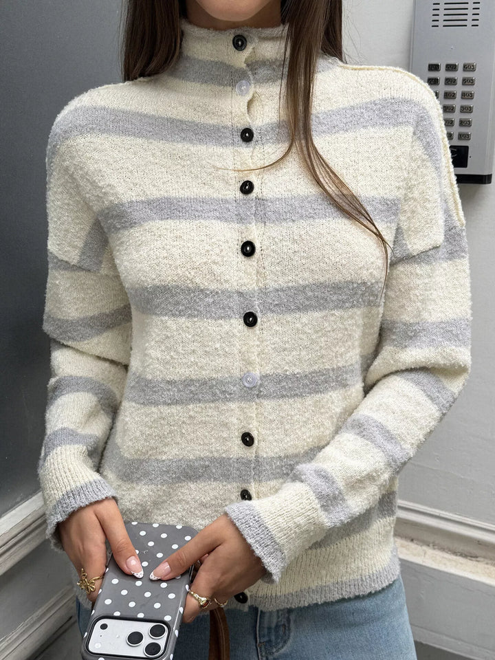 Gray And Apricot Stripes Striped mock neck button-down textured knit cardigan