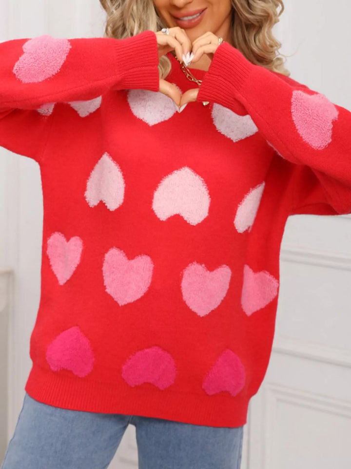 Fuzzy heart color-block crew neck knit sweater
