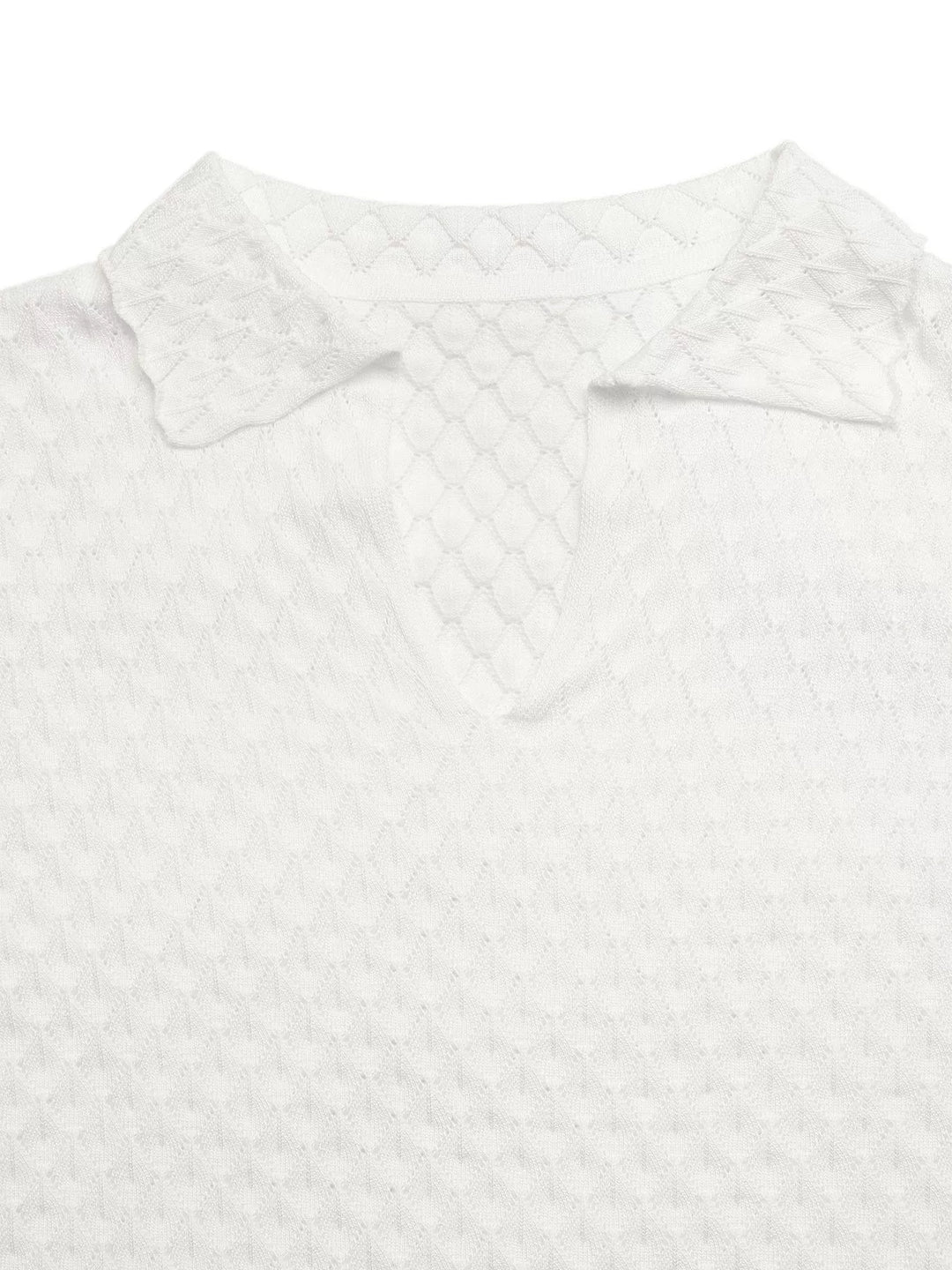 Textured pointelle knit collared short sleeve top