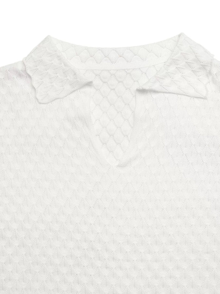 Textured pointelle knit collared short sleeve top