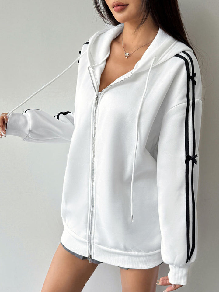 Zip-up hoodie with striped sleeves and bow detail