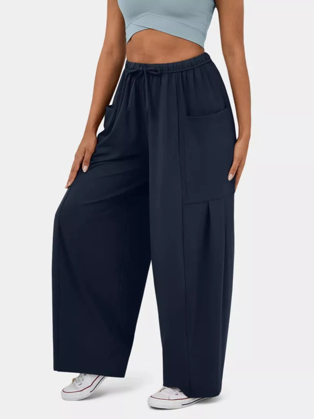 Dark Blue High-rise drawstring wide-leg pants with patch pockets