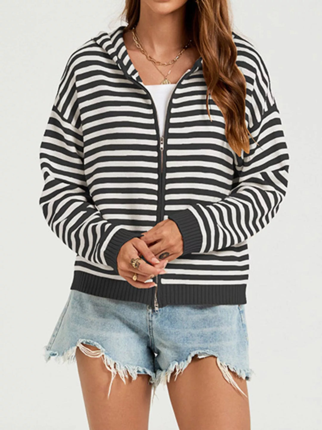 Striped hooded zip-up knit cardigan with ribbed trim
