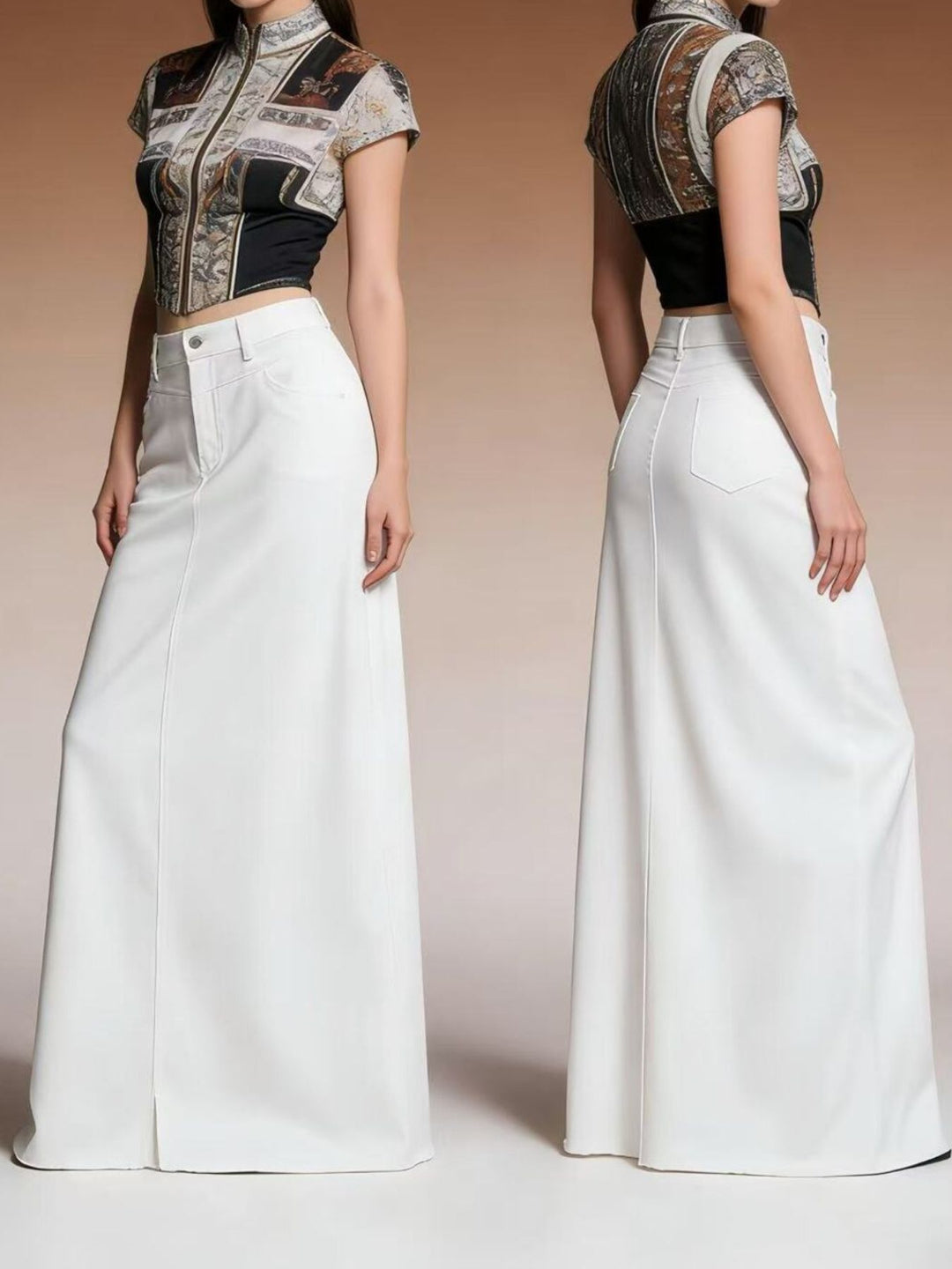White Raw hem maxi denim skirt with button closure and front pockets