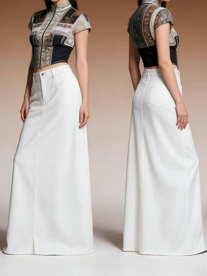 White Raw hem maxi denim skirt with button closure and front pockets