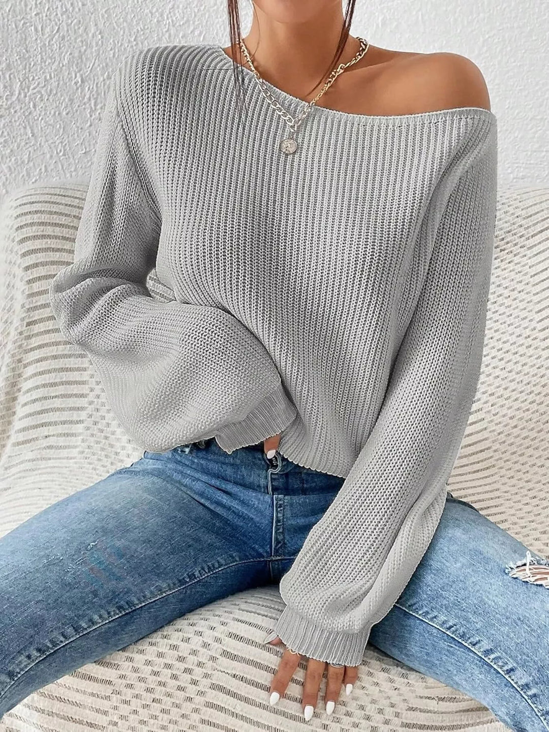 Light Gray Off-shoulder ribbed knit sweater with drop shoulder sleeves