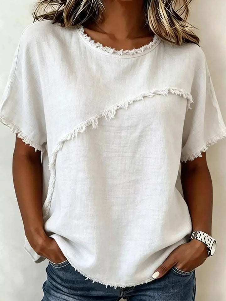 White Frayed trim crew neck relaxed short sleeve top