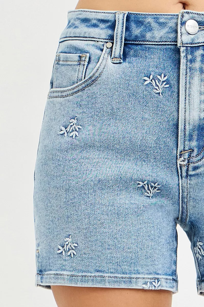 High-rise denim shorts with all-over embroidered floral detail