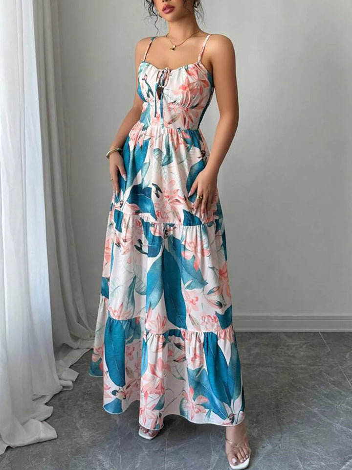 Floral print tiered maxi cami dress with tie front
