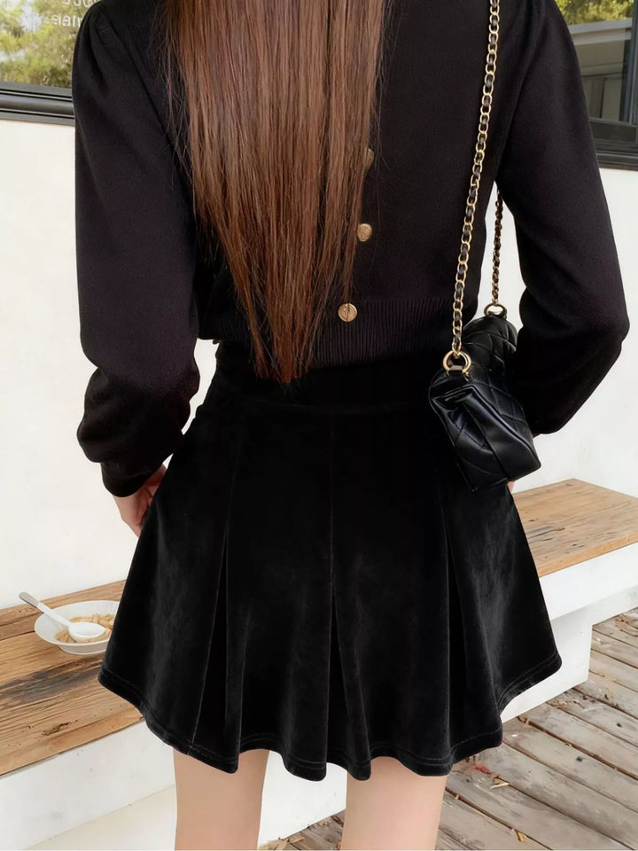 Velvet high-rise flared mini skort with pockets