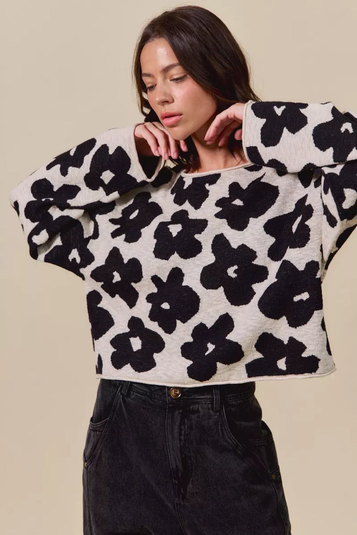 Lightweight floral knit cropped sweater top