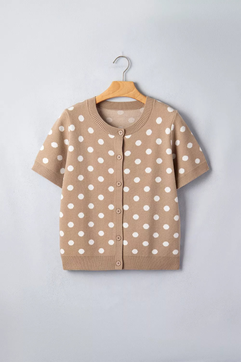 Polka dot short sleeve button-down knit cardigan