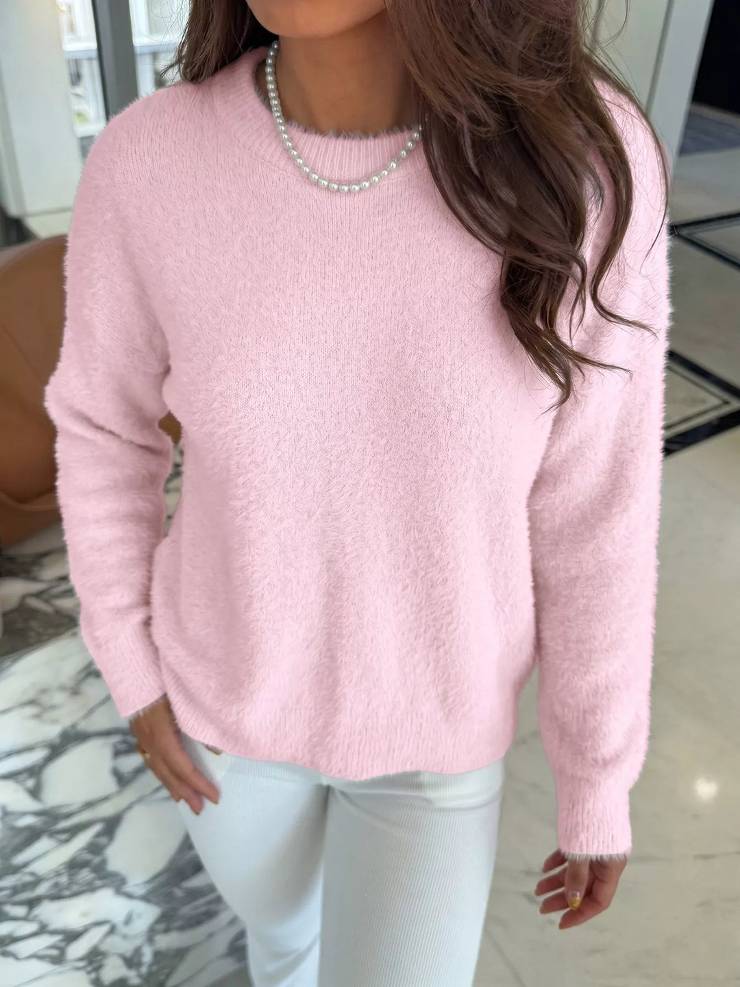 Fuzzy eyelash knit off-shoulder pullover sweater
