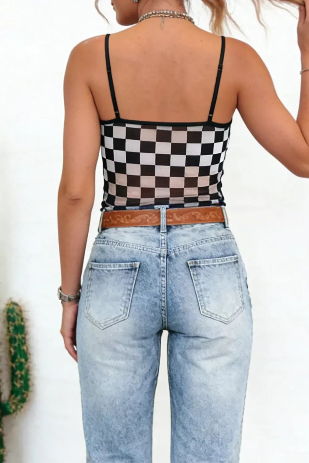 Checkered sheer mesh crop cami with spaghetti straps