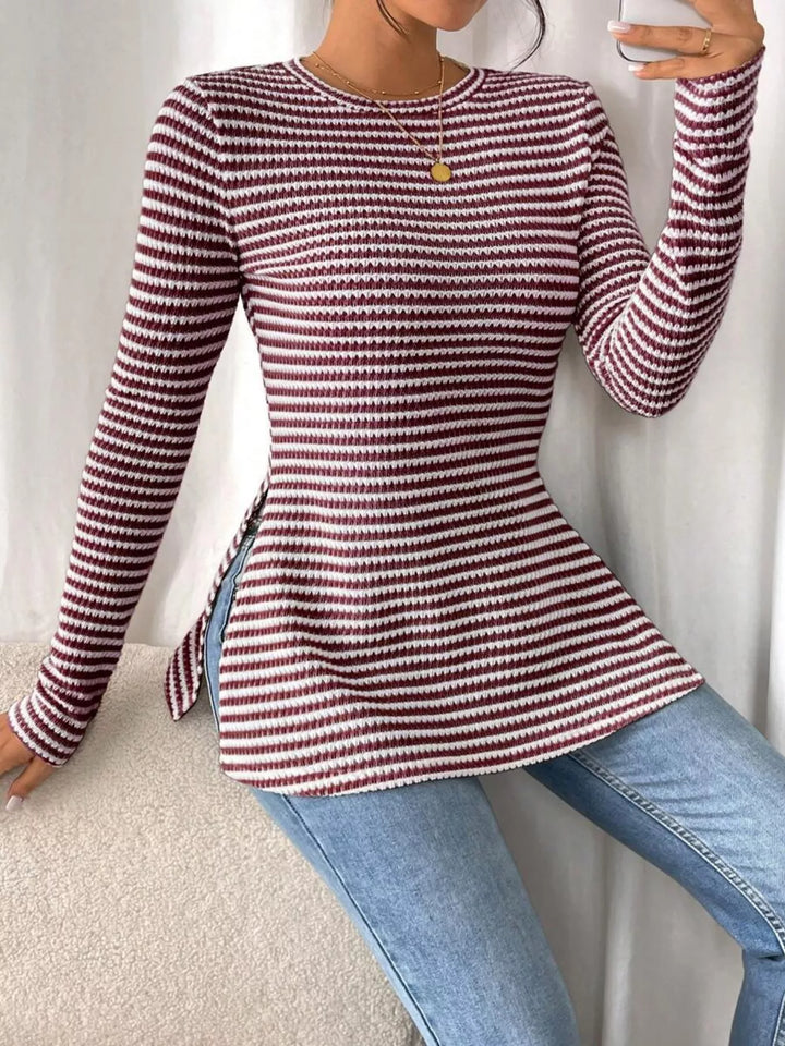 Slit-hem striped textured knit long sleeve top