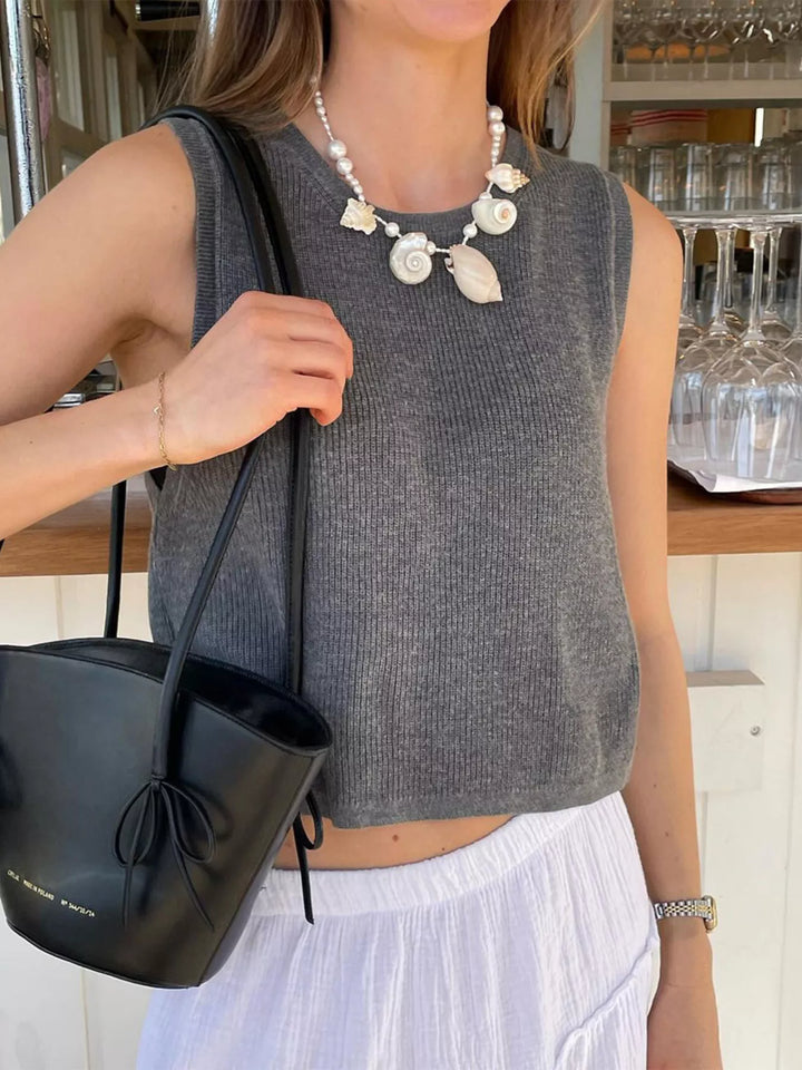 Ribbed knit cropped tank top with crew neckline
