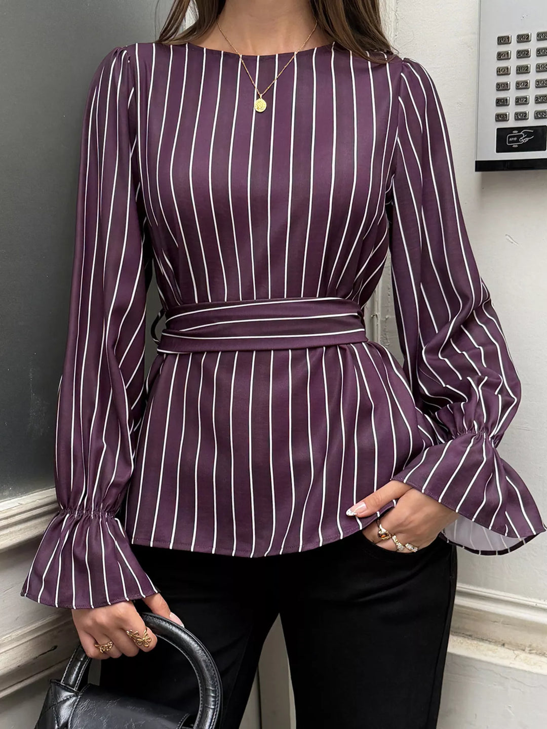 Purple Striped tie-waist blouse with flounce bell sleeves