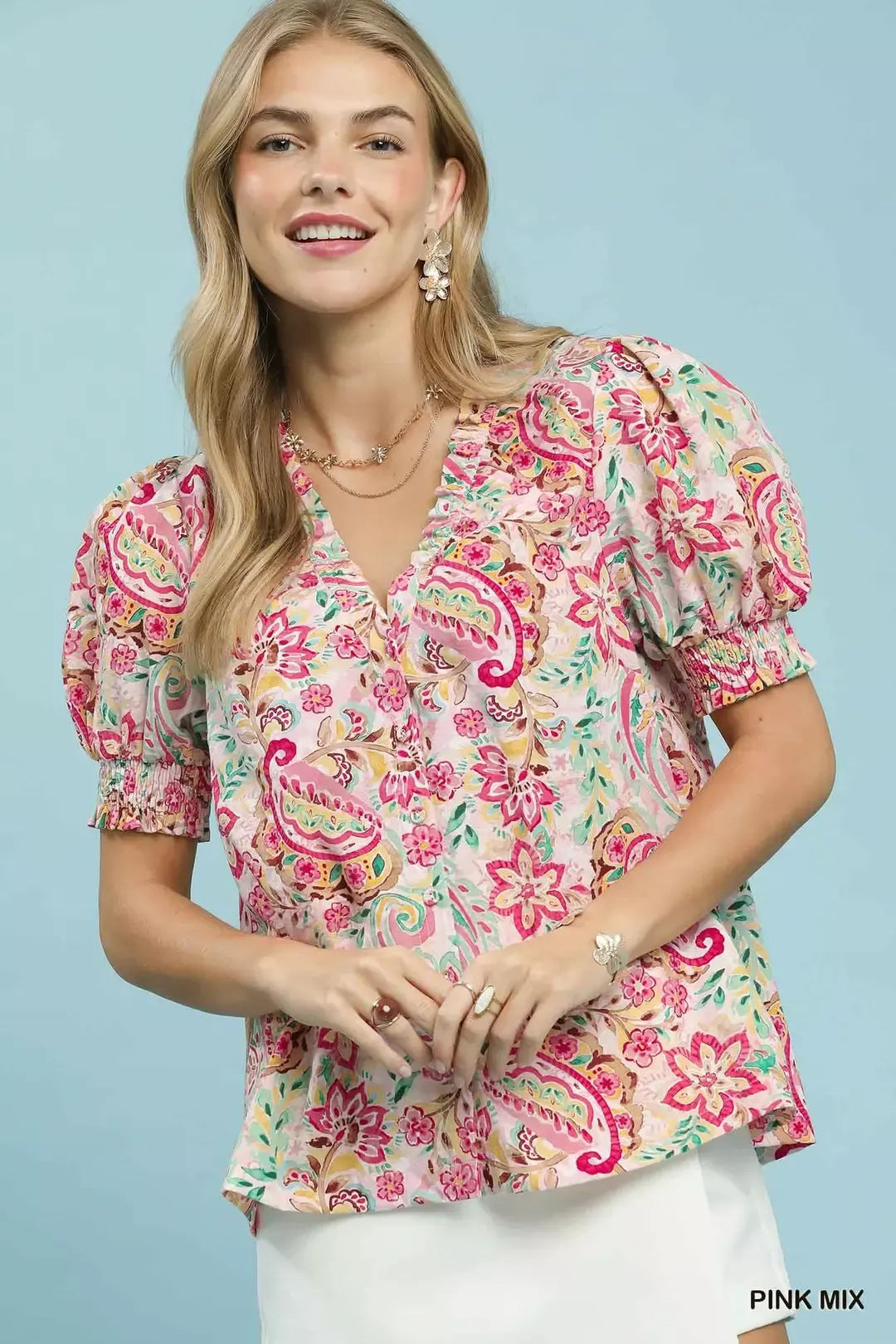 PINKMIX Paisley floral print puff sleeve V-neck top