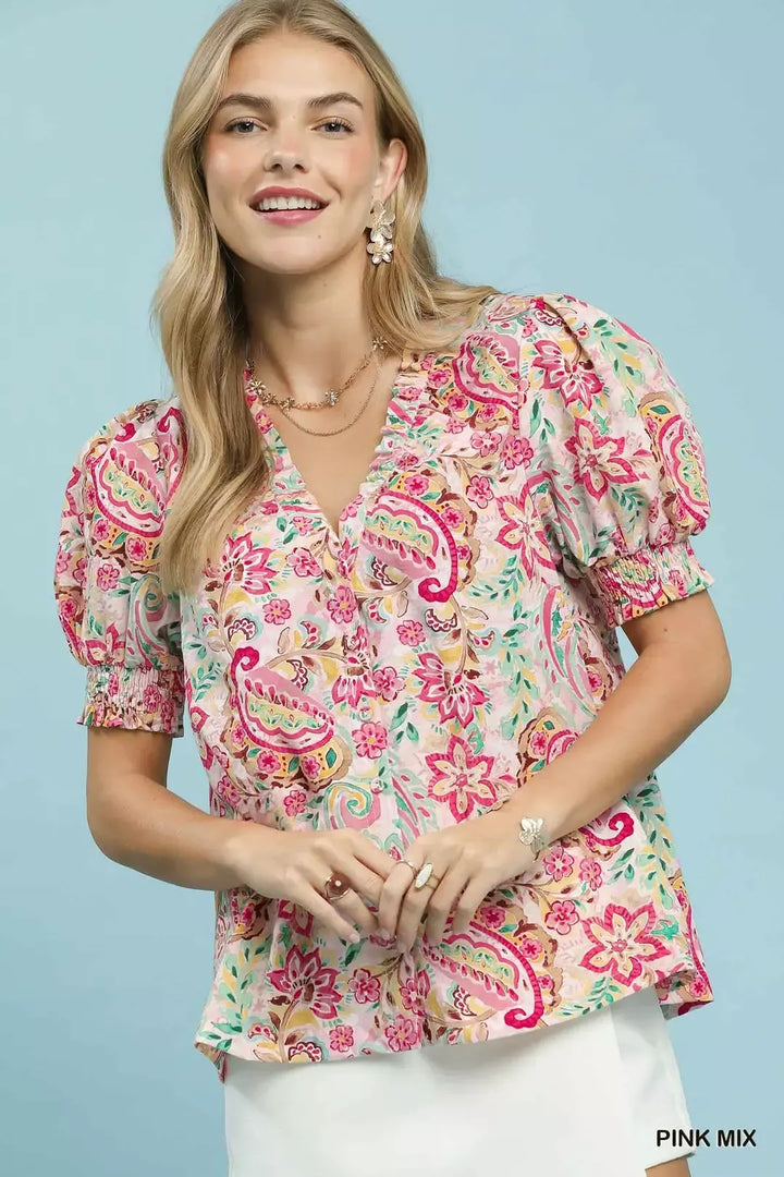PINKMIX Paisley floral print puff sleeve V-neck top