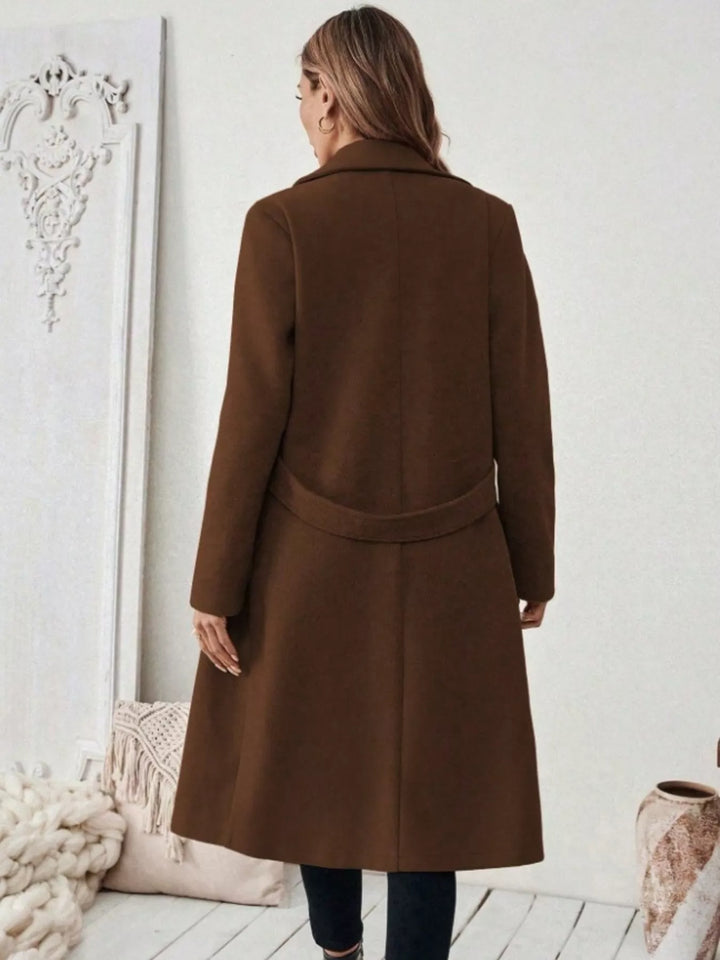 Notched lapel belted longline coat with side pockets