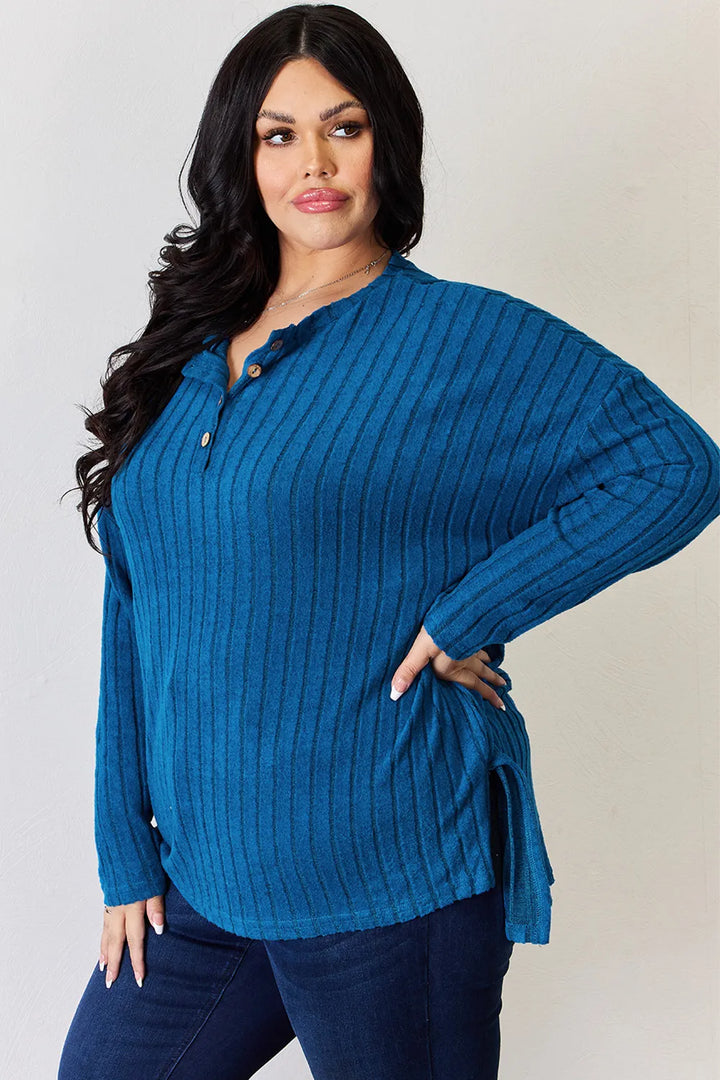 Ribbed knit half-button long sleeve high-low top