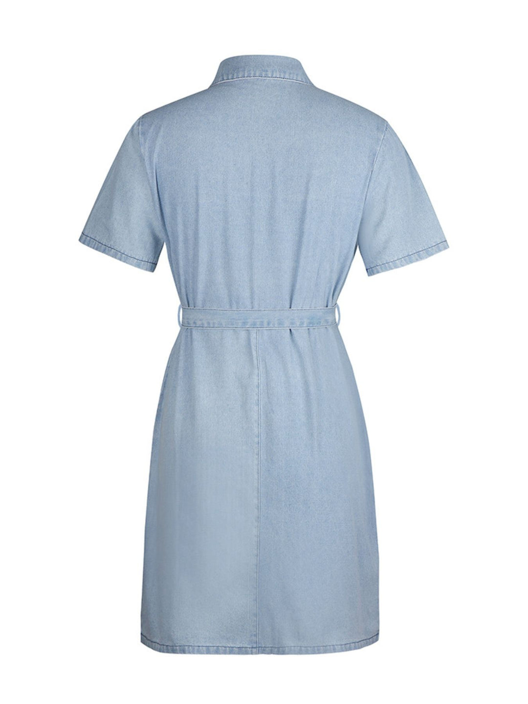 Zip front short sleeve denim mini dress with tie waist