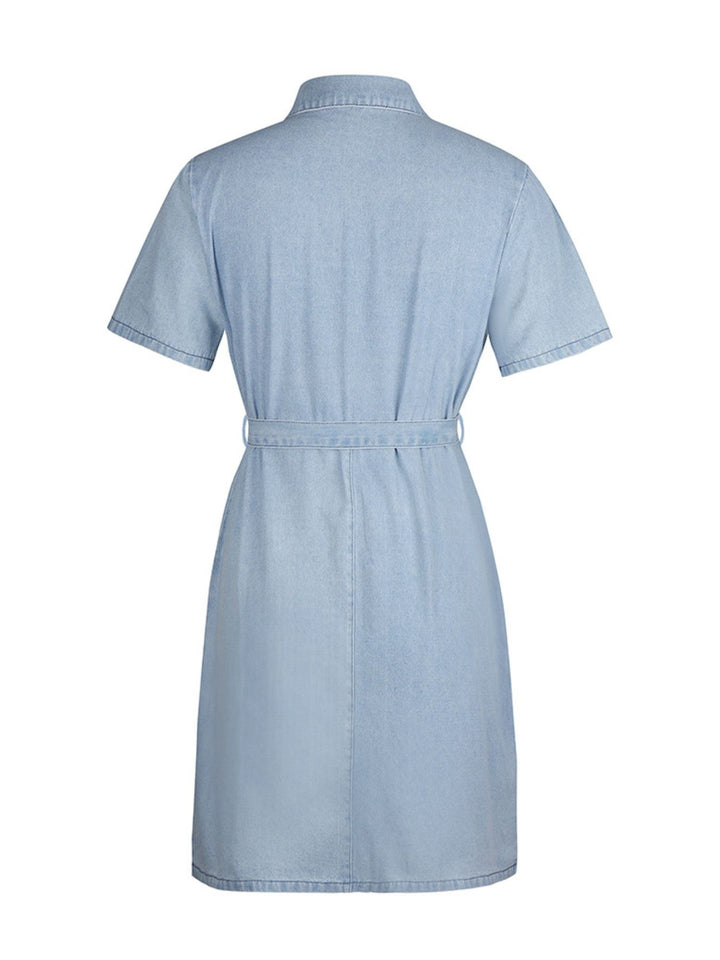 Zip front short sleeve denim mini dress with tie waist