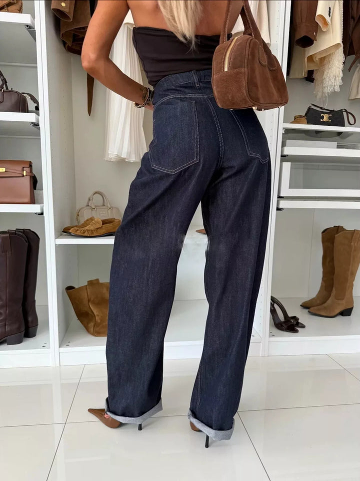 Single-breasted denim blazer and wide-leg jeans set