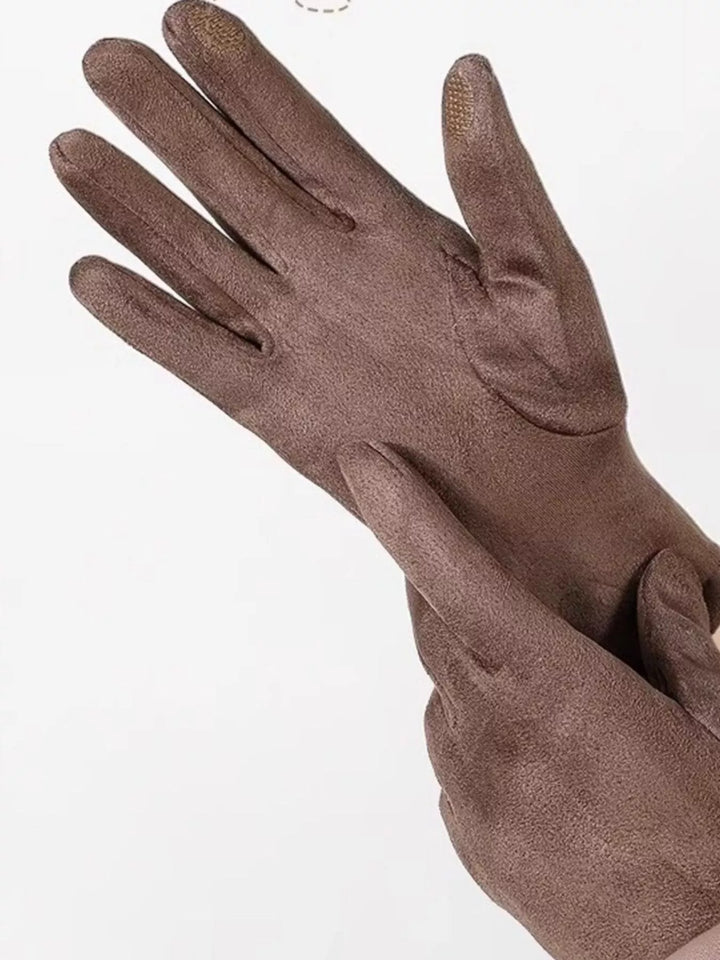Faux suede touchscreen gloves with crossover strap cuff
