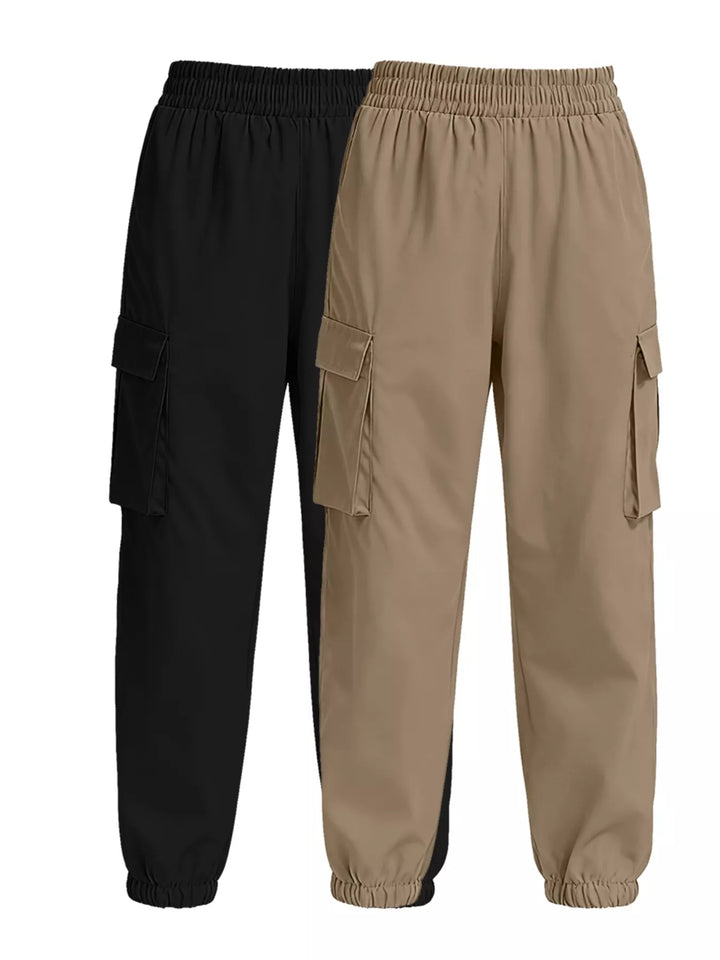 Elastic waist cargo jogger pants with flap pockets, 2-piece set